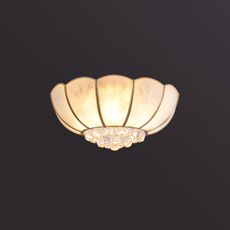 Semi Flush Mount Farmhouse Bowl Light with Frosted Glass, Brass Finish, and Orb Crystal Accent