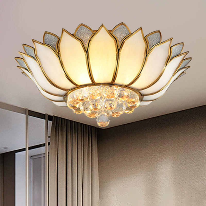 Lotus Semi-Mount Brass Ceiling Light with Frosted Glass and Crystal Droplets - Perfect for Rural Bedrooms
