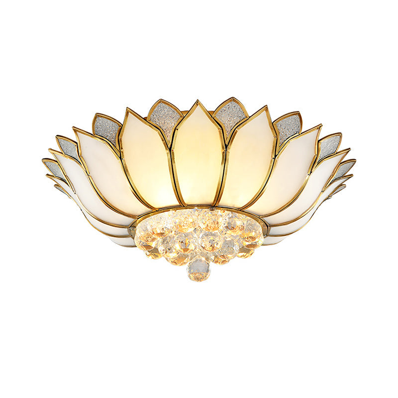 Lotus Semi-Mount Brass Ceiling Light with Frosted Glass and Crystal Droplets - Perfect for Rural Bedrooms
