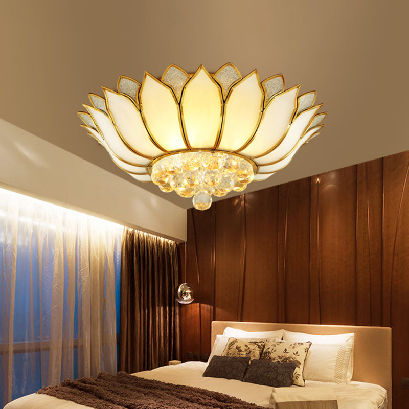 Lotus Semi-Mount Brass Ceiling Light With Frosted Glass And Crystal Droplets - Perfect For Rural