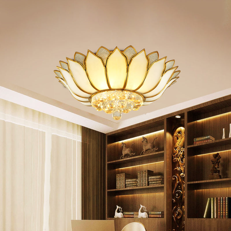 Lotus Semi-Mount Brass Ceiling Light with Frosted Glass and Crystal Droplets - Perfect for Rural Bedrooms