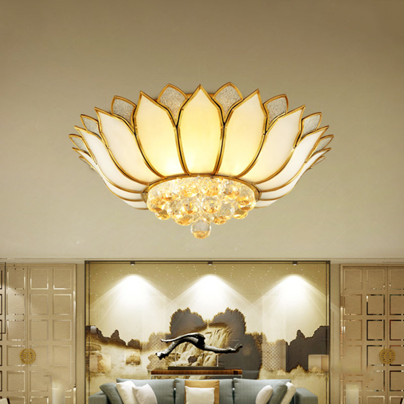 Lotus Semi-Mount Brass Ceiling Light with Frosted Glass and Crystal Droplets - Perfect for Rural Bedrooms