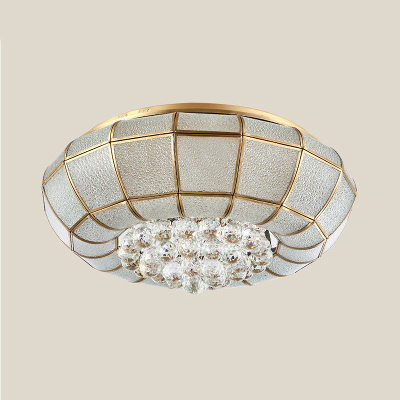 Country Brass Flush Mount LED Ceiling Lamp with Seedy Glass and Crystal Draping