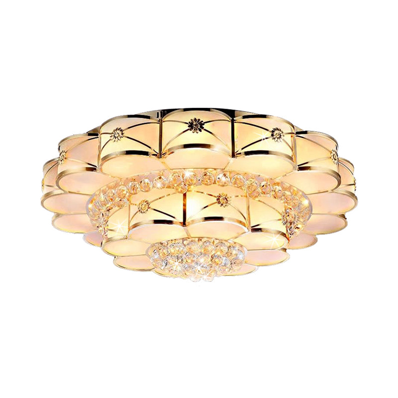 Gold Frosted Glass Flush Light Fixture for Traditional Bedrooms - Elegant Ceiling Lighting with Dangling Crystals