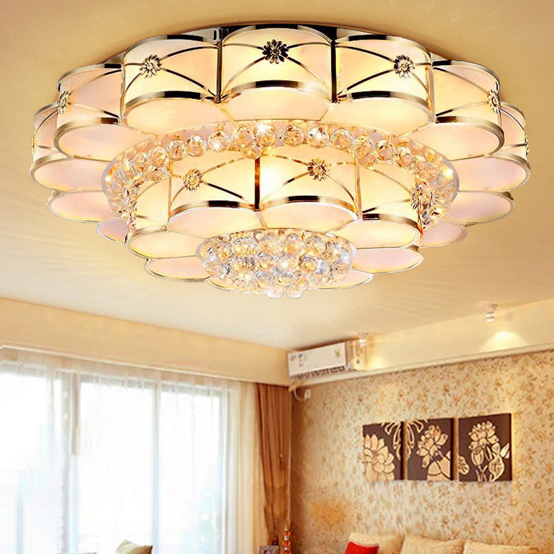 Gold Frosted Glass Flush Light Fixture for Traditional Bedrooms - Elegant Ceiling Lighting with Dangling Crystals