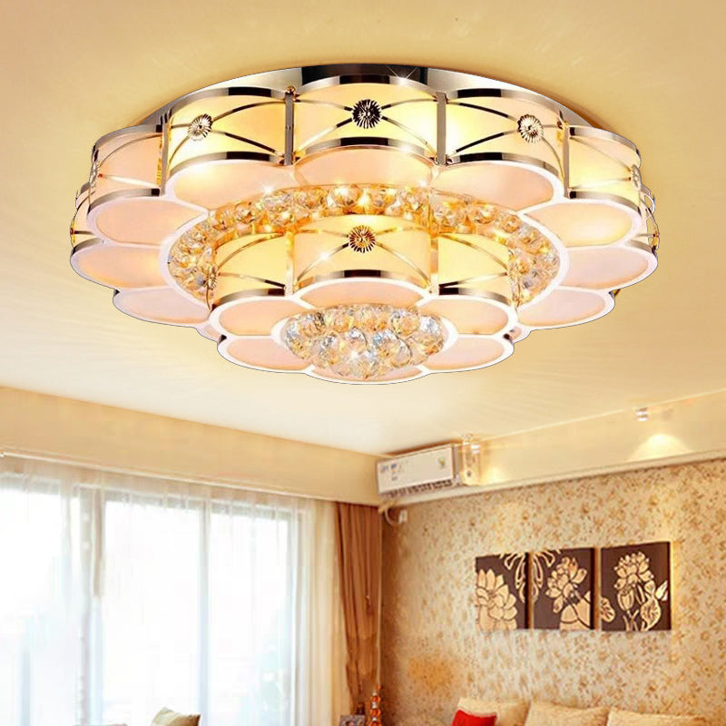 Gold Frosted Glass Flush Light Fixture for Traditional Bedrooms - Elegant Ceiling Lighting with Dangling Crystals