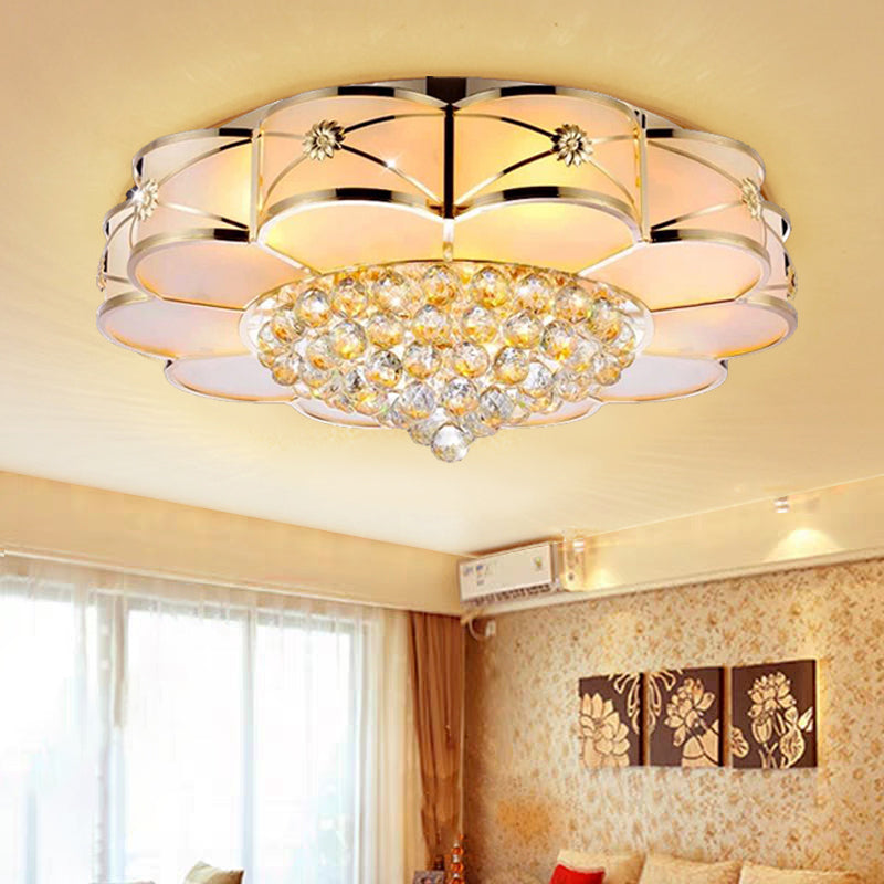 Gold Frosted Glass Flush Light Fixture for Traditional Bedrooms - Elegant Ceiling Lighting with Dangling Crystals