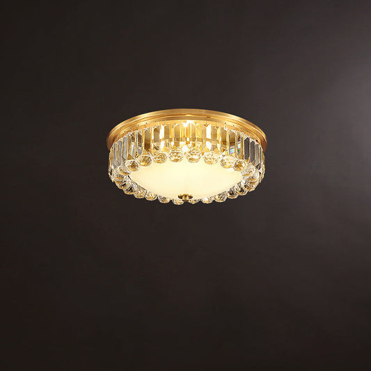Country Brass LED Flush Ceiling Light with Frosted Glass and Crystal Round Edge