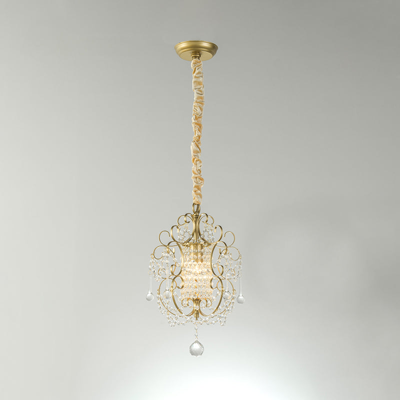 Traditional Metal Pendant Light Kit With Scrolled Frame Crystal Droplet And 1