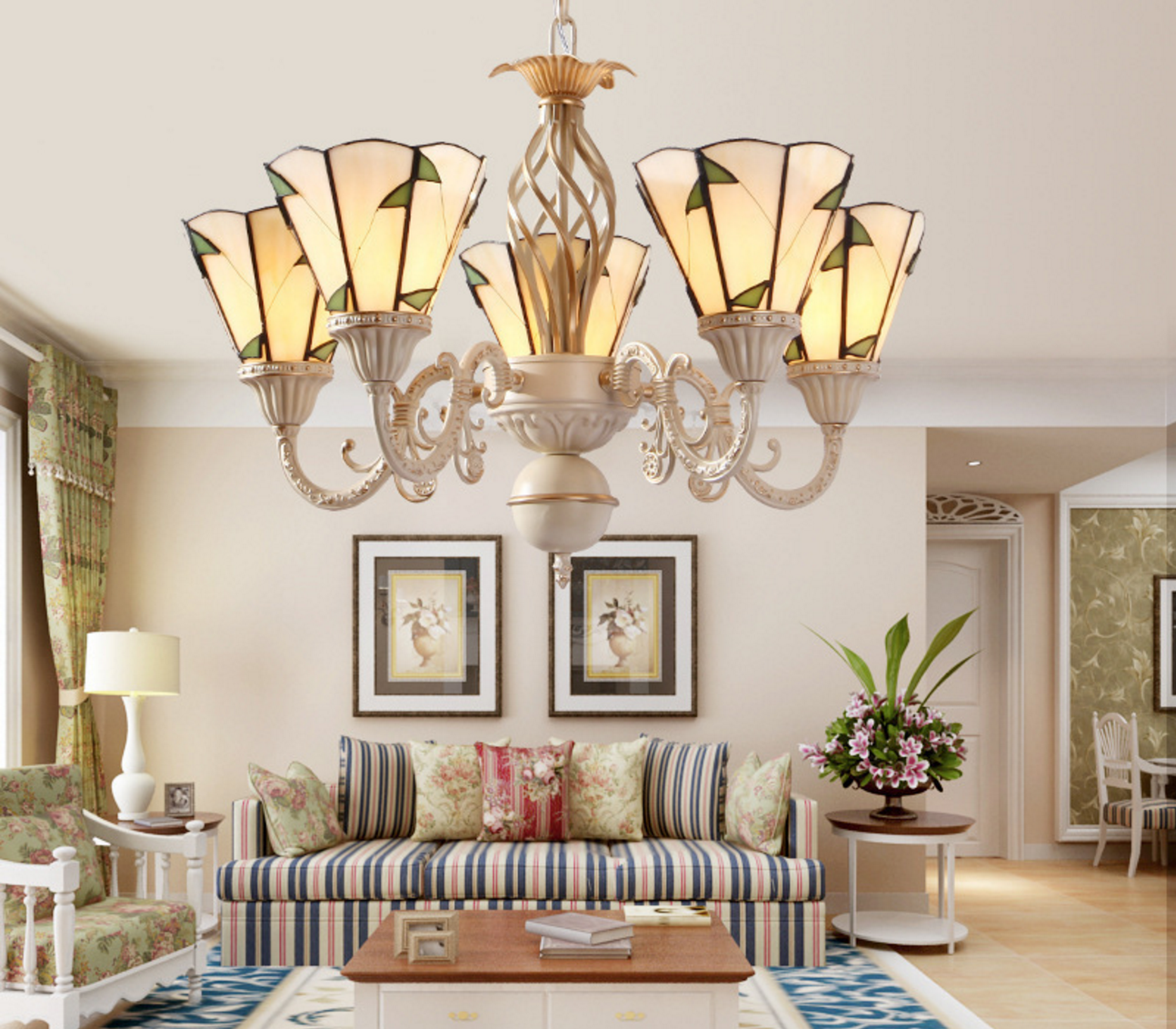 Tiffany Style 5-Light Cone Chandelier With Stained Glass And Leaf Pattern In Beige