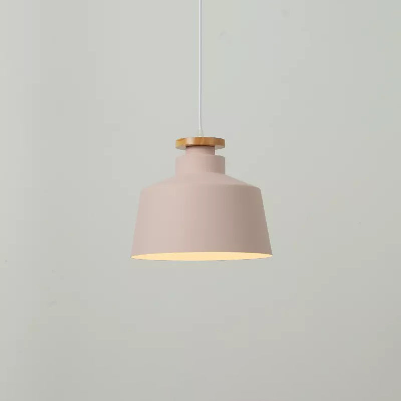 Lampe à suspension en bois de tonneau moderniste avec abat-jour en métal - Luminaire suspendu à 1 ampoule