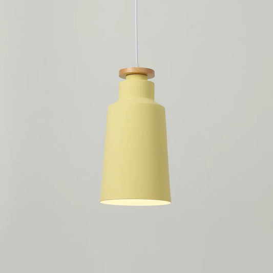 Modernist Barrel Wood Suspension Lamp with Metal Shade - 1 Bulb Drop Lighting Fixture