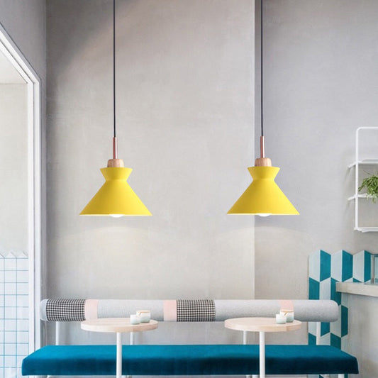 Contemporary Metal Pendant Lamp - Geometric Design with Wood Top - Ideal for Dining Rooms