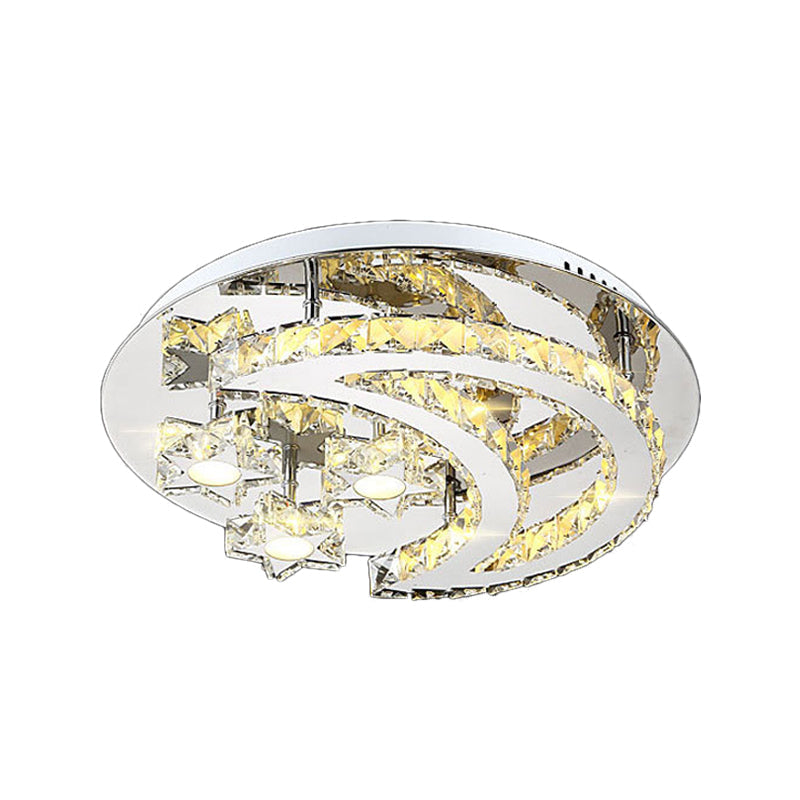 Plafonnier contemporain chromé avec motif lune et étoile en cristal transparent - Lampe LED près du plafond
