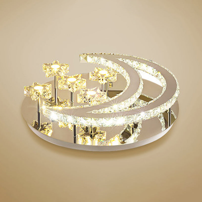 Plafonnier contemporain chromé avec motif lune et étoile en cristal transparent - Lampe LED près du plafond