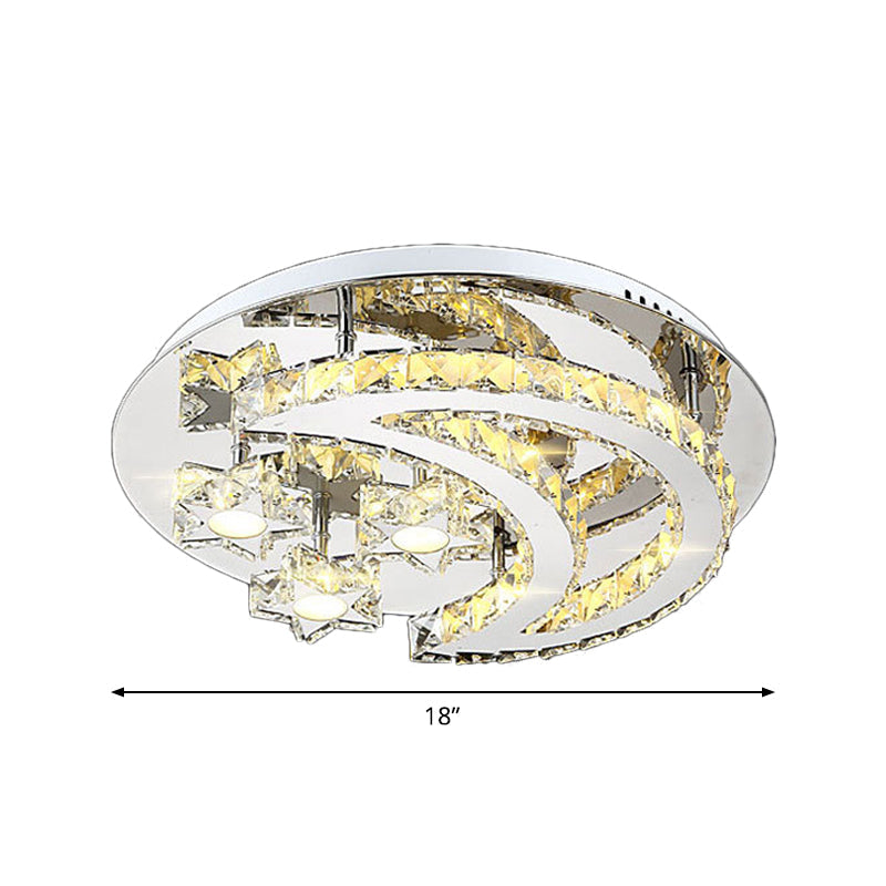 Plafonnier contemporain chromé avec motif lune et étoile en cristal transparent - Lampe LED près du plafond
