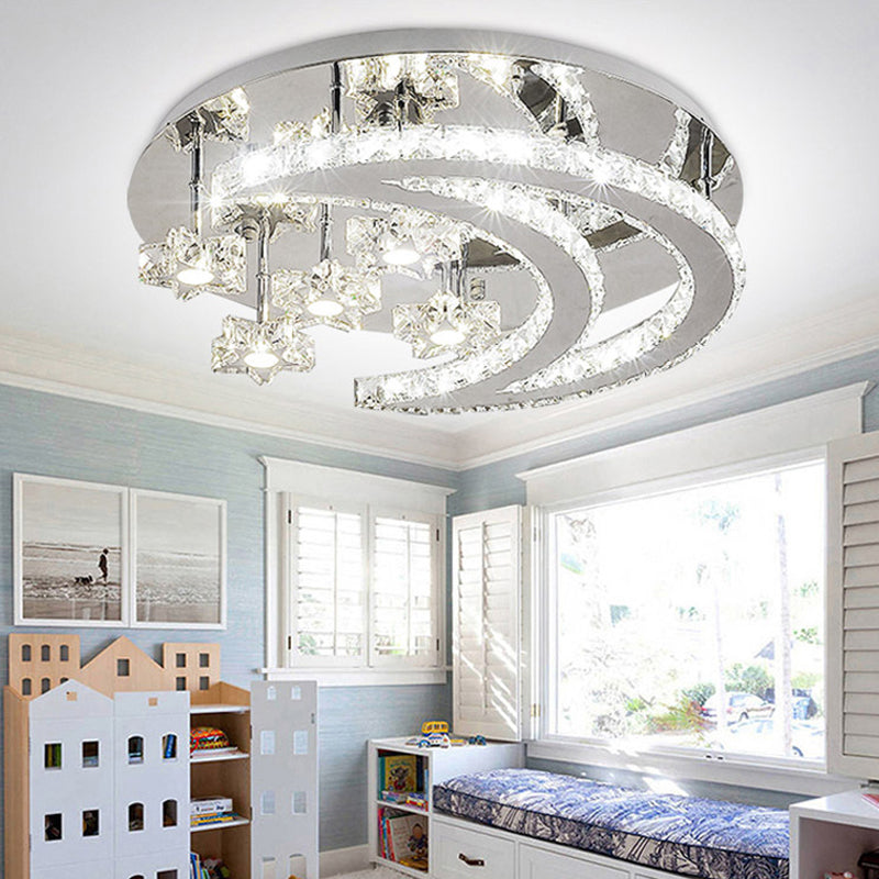 Plafonnier contemporain chromé avec motif lune et étoile en cristal transparent - Lampe LED près du plafond
