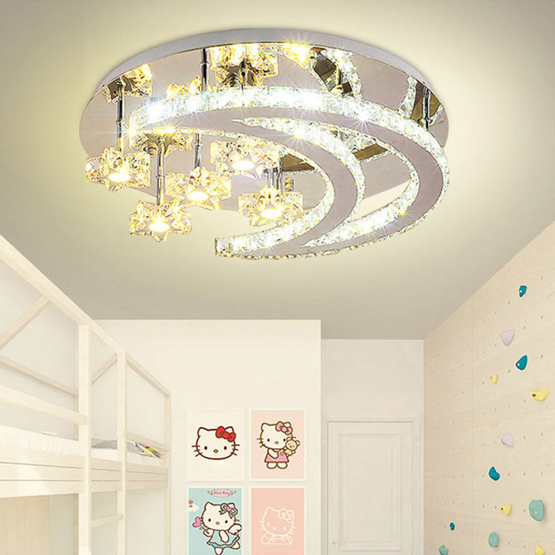 Plafonnier contemporain chromé avec motif lune et étoile en cristal transparent - Lampe LED près du plafond