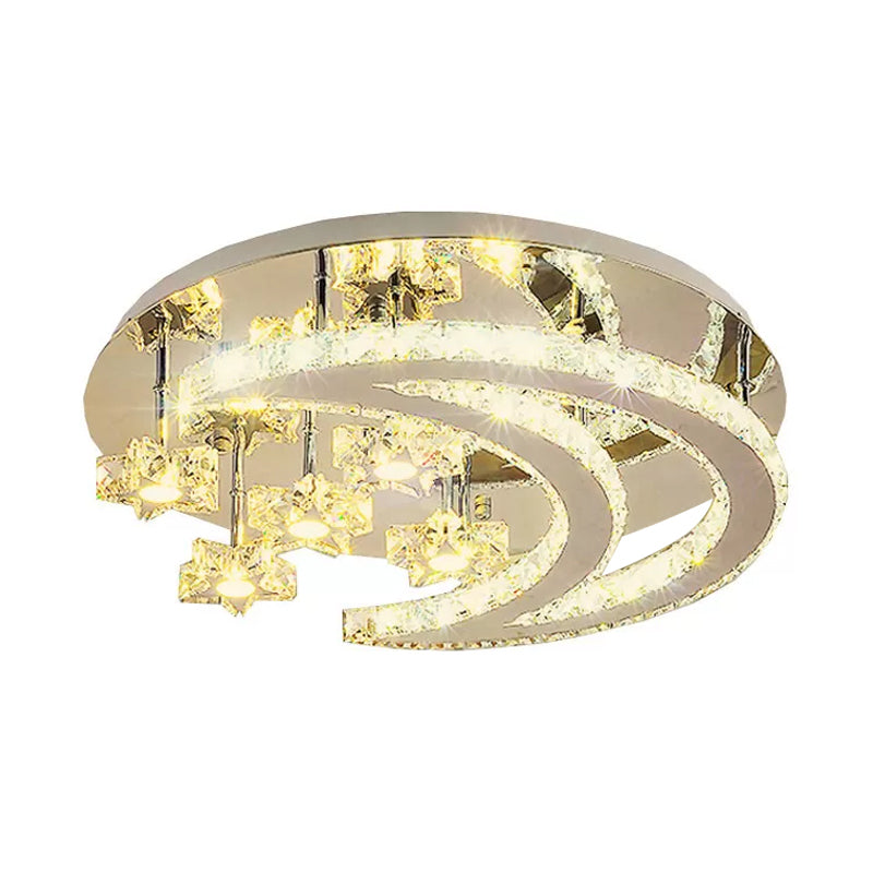 Plafonnier contemporain chromé avec motif lune et étoile en cristal transparent - Lampe LED près du plafond