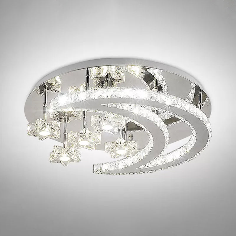 Plafonnier contemporain chromé avec motif lune et étoile en cristal transparent - Lampe LED près du plafond