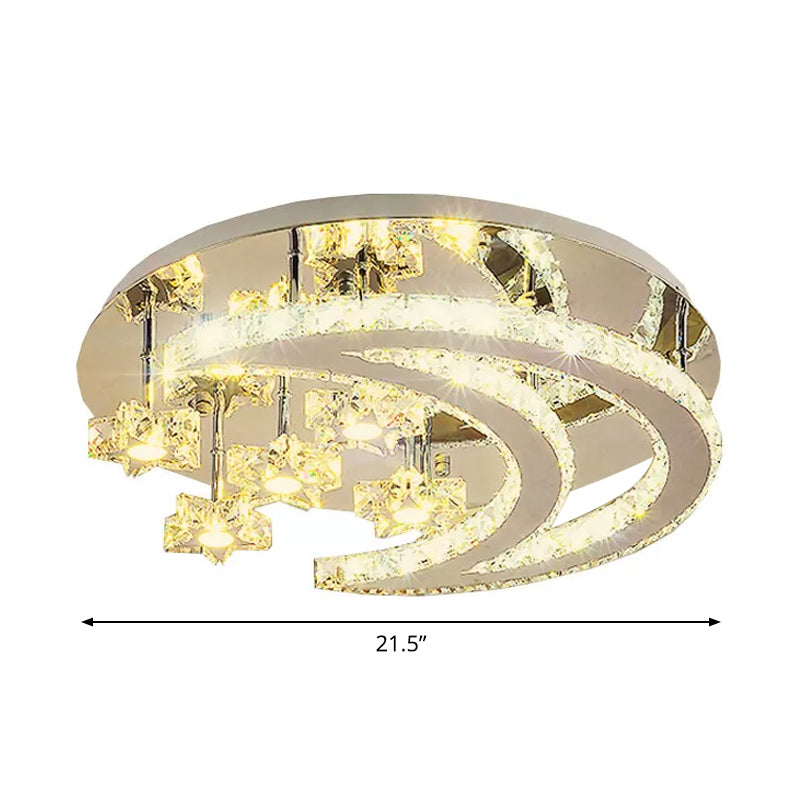 Plafonnier contemporain chromé avec motif lune et étoile en cristal transparent - Lampe LED près du plafond