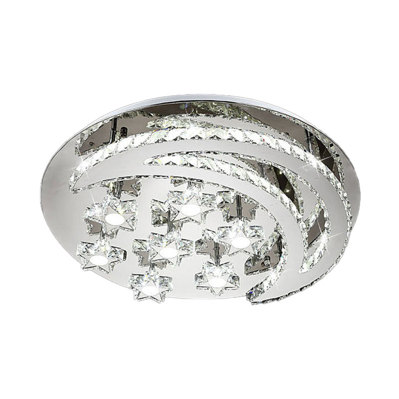 Plafonnier contemporain chromé avec motif lune et étoile en cristal transparent - Lampe LED près du plafond