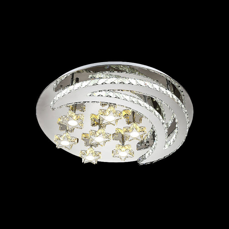 Plafonnier contemporain chromé avec motif lune et étoile en cristal transparent - Lampe LED près du plafond