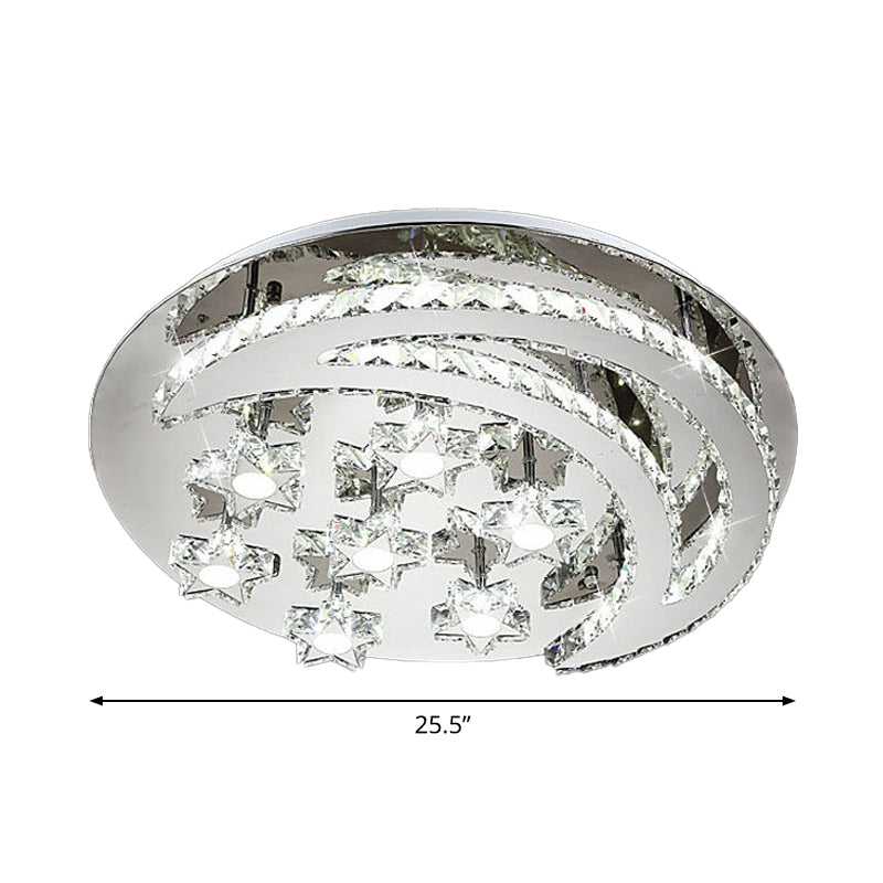 Plafonnier contemporain chromé avec motif lune et étoile en cristal transparent - Lampe LED près du plafond