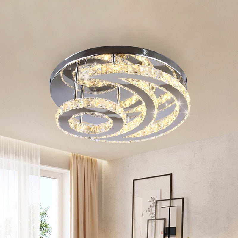 Contemporary LED Flush Ceiling Light: Chrome Moon Flush Mount with Clear Crystal Shade