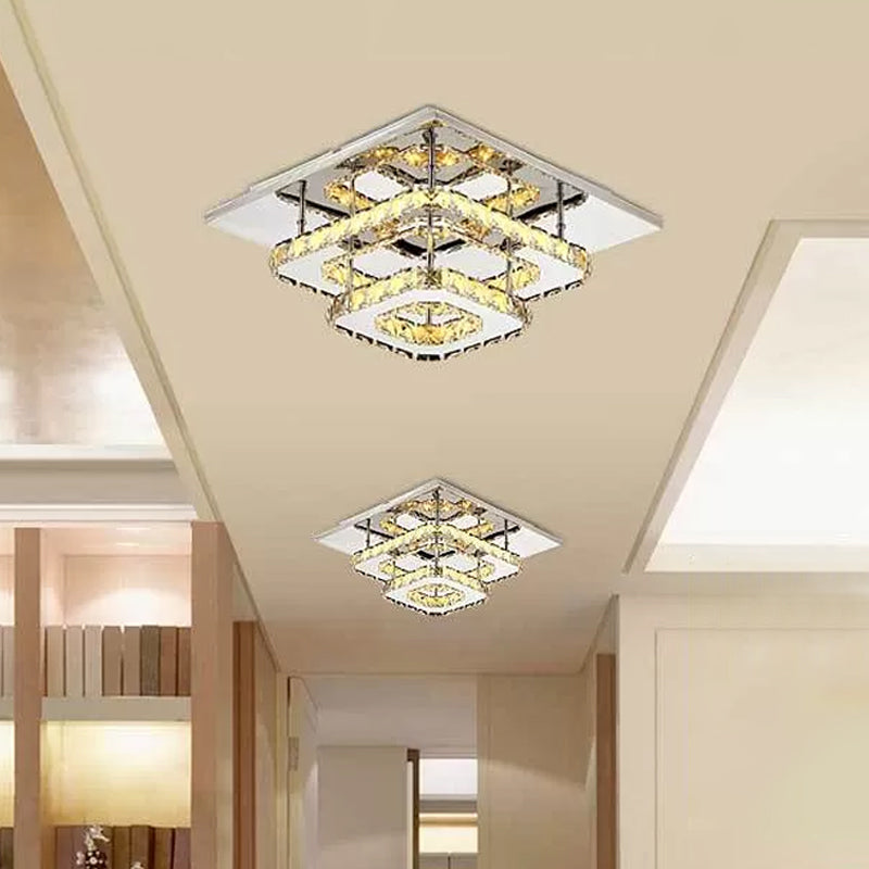 Modern LED Crystal Flush Mount Ceiling Light with Beveled Square Design for Corridor, Chrome Finish