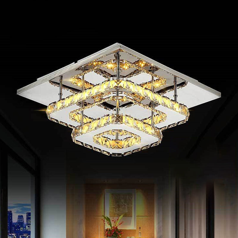 Modern LED Crystal Flush Mount Ceiling Light with Beveled Square Design for Corridor, Chrome Finish