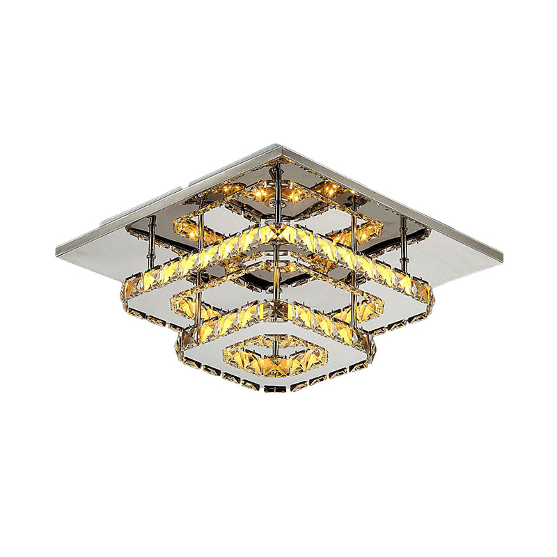 Modern LED Crystal Flush Mount Ceiling Light with Beveled Square Design for Corridor, Chrome Finish