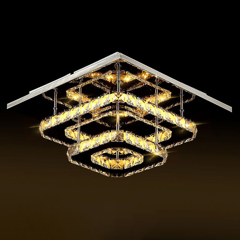 Modern LED Crystal Flush Mount Ceiling Light with Beveled Square Design for Corridor, Chrome Finish