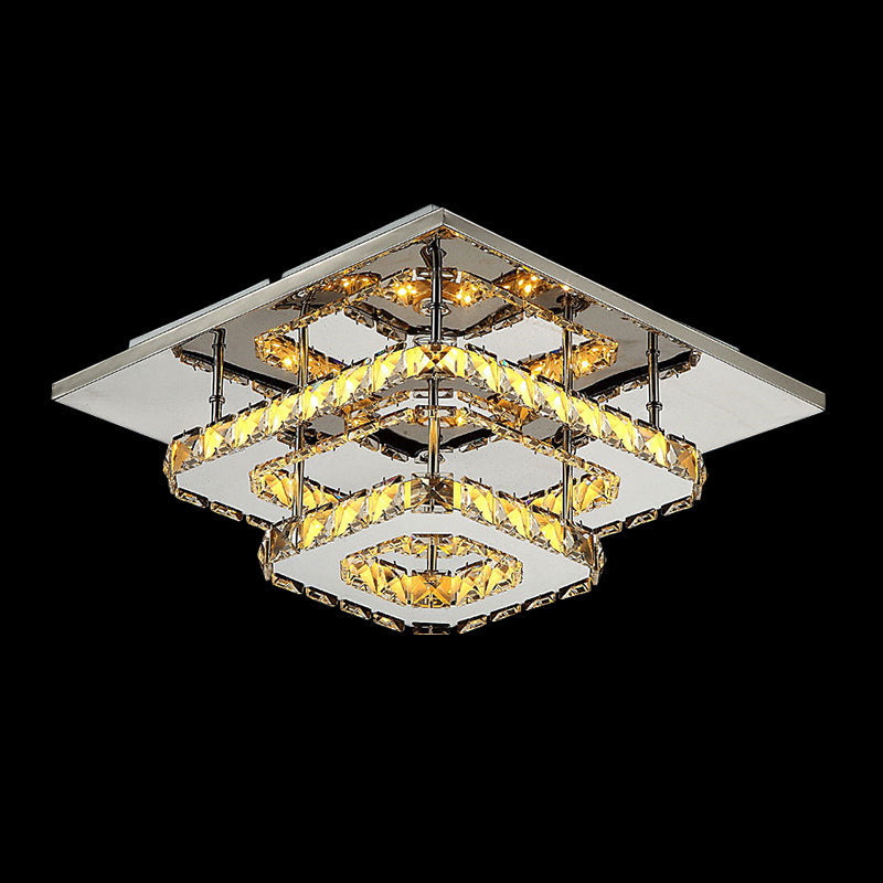 Modern LED Crystal Flush Mount Ceiling Light with Beveled Square Design for Corridor, Chrome Finish
