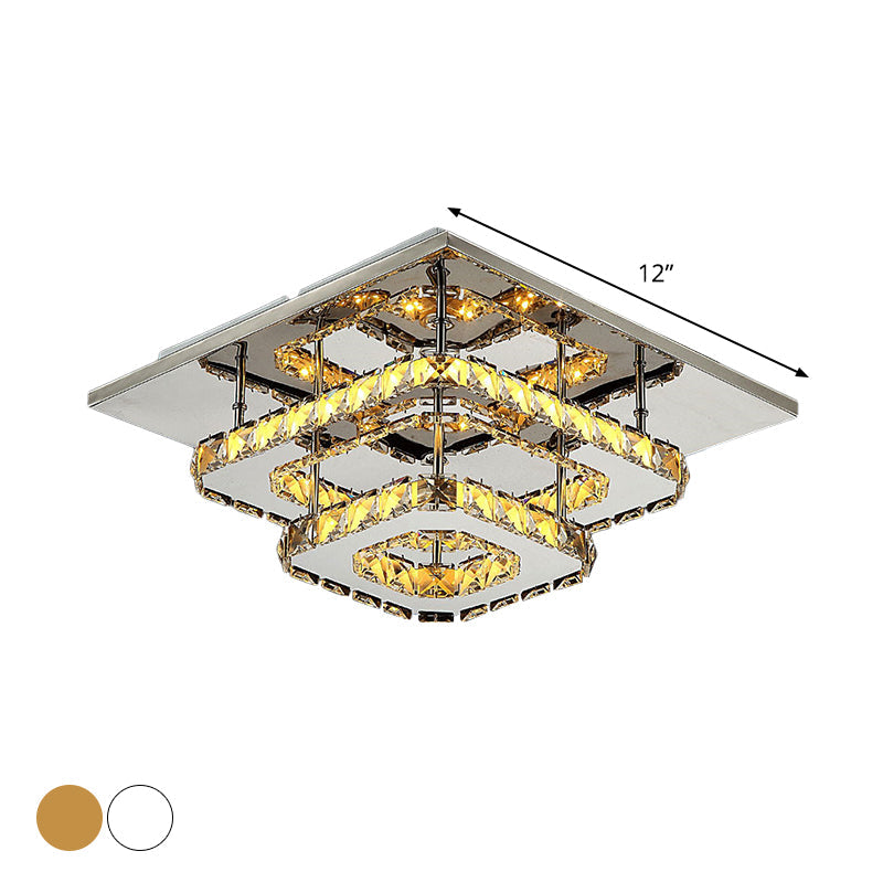 Modern LED Crystal Flush Mount Ceiling Light with Beveled Square Design for Corridor, Chrome Finish