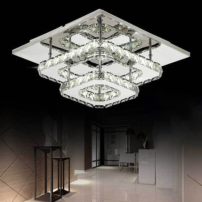 Modern LED Crystal Flush Mount Ceiling Light with Beveled Square Design for Corridor, Chrome Finish