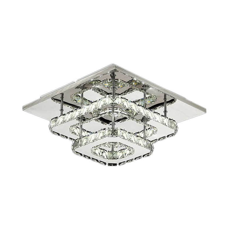 Modern LED Crystal Flush Mount Ceiling Light with Beveled Square Design for Corridor, Chrome Finish