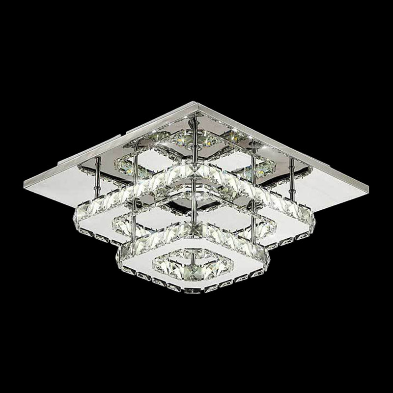 Modern LED Crystal Flush Mount Ceiling Light with Beveled Square Design for Corridor, Chrome Finish