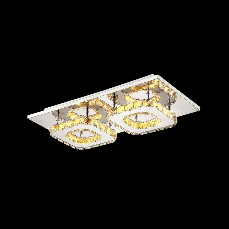 Modern LED Crystal Flush Mount Ceiling Light with Beveled Square Design for Corridor, Chrome Finish