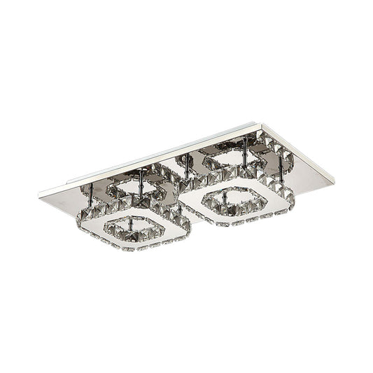 Modern LED Crystal Flush Mount Ceiling Light with Beveled Square Design for Corridor, Chrome Finish