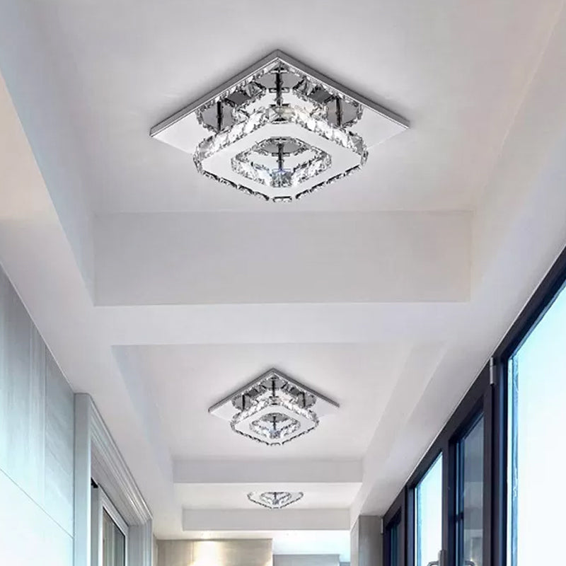 Contemporary LED Chrome Square Ceiling Lamp: Clear Crystal Flush Mount Lighting for Porch