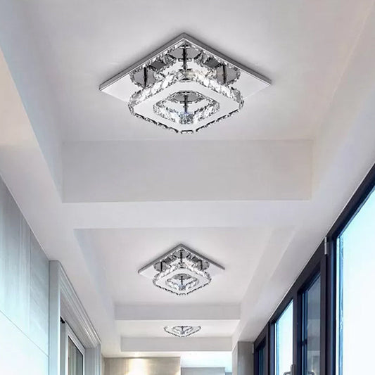 Contemporary LED Chrome Square Ceiling Lamp: Clear Crystal Flush Mount Lighting for Porch