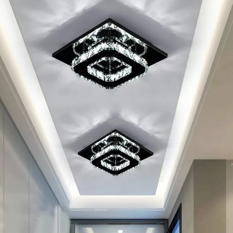 Contemporary LED Chrome Square Ceiling Lamp: Clear Crystal Flush Mount Lighting for Porch
