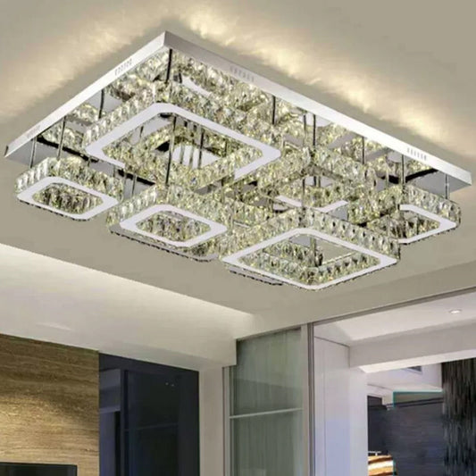 Chrome Square Flushmount Crystal LED Ceiling Light for Living Room - Simplicity and Elegance