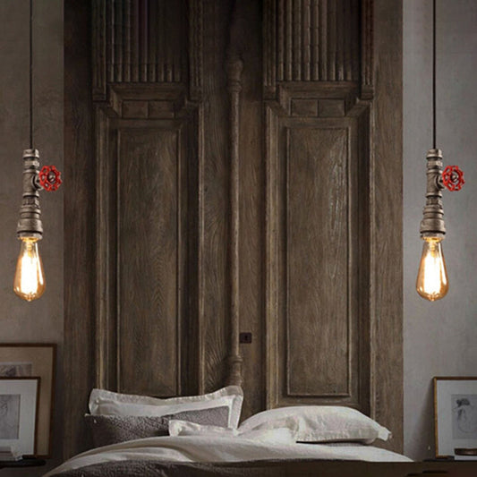 Rustic Vintage Pendant Light with Exposed Bulb: Metallic Hanging Lamp with Decorative Valve for Bedroom