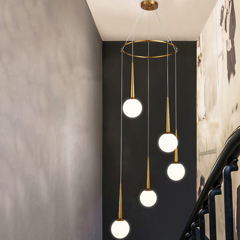Modern Milky Glass Ball Pendant Light Fixture with Metal Ring Top
