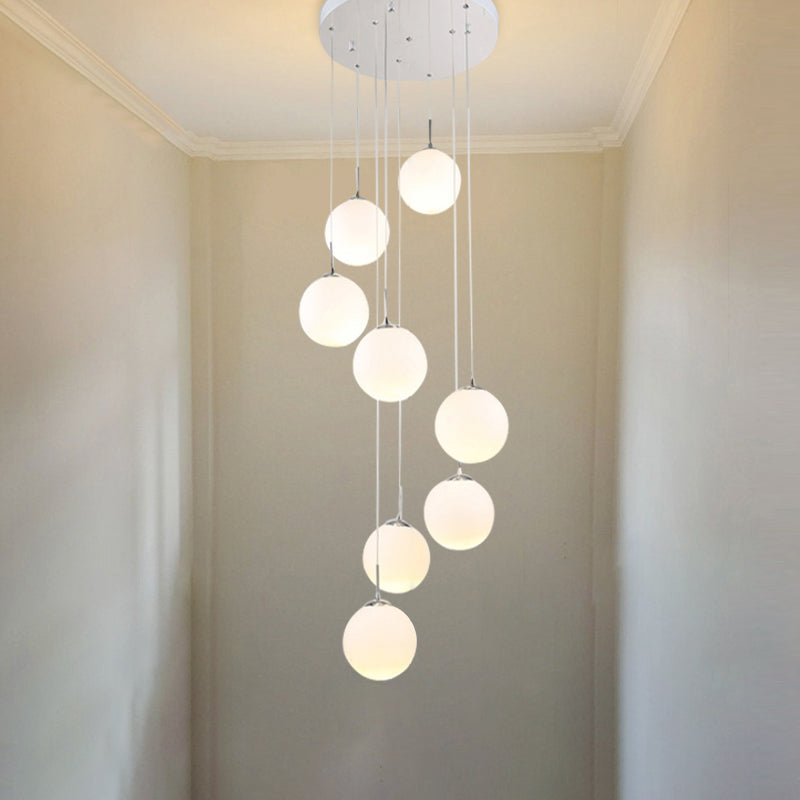 Modernist Glass Multi Light Pendant for Living Room with Orb Cream Shade and White Suspension