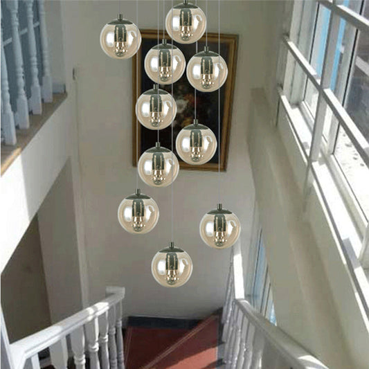 Suspension en forme de globe en verre cognac - Plafonnier à 10 lumières pour escaliers