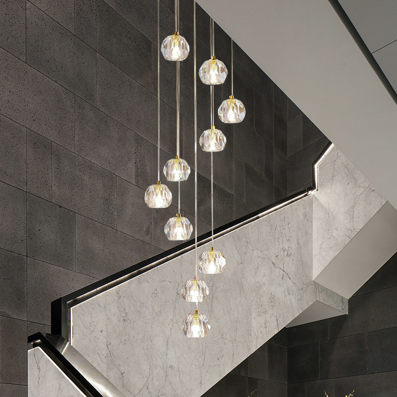 Clear Glass Multi Pendant Gold Pendulum Light with Spiral Design - Modern Stairway Lighting