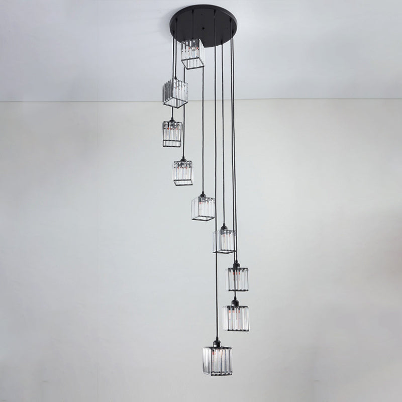 Beveled Crystal Cubic Pendant Suspension Light With Contemporary Swirl Design 9 / Black